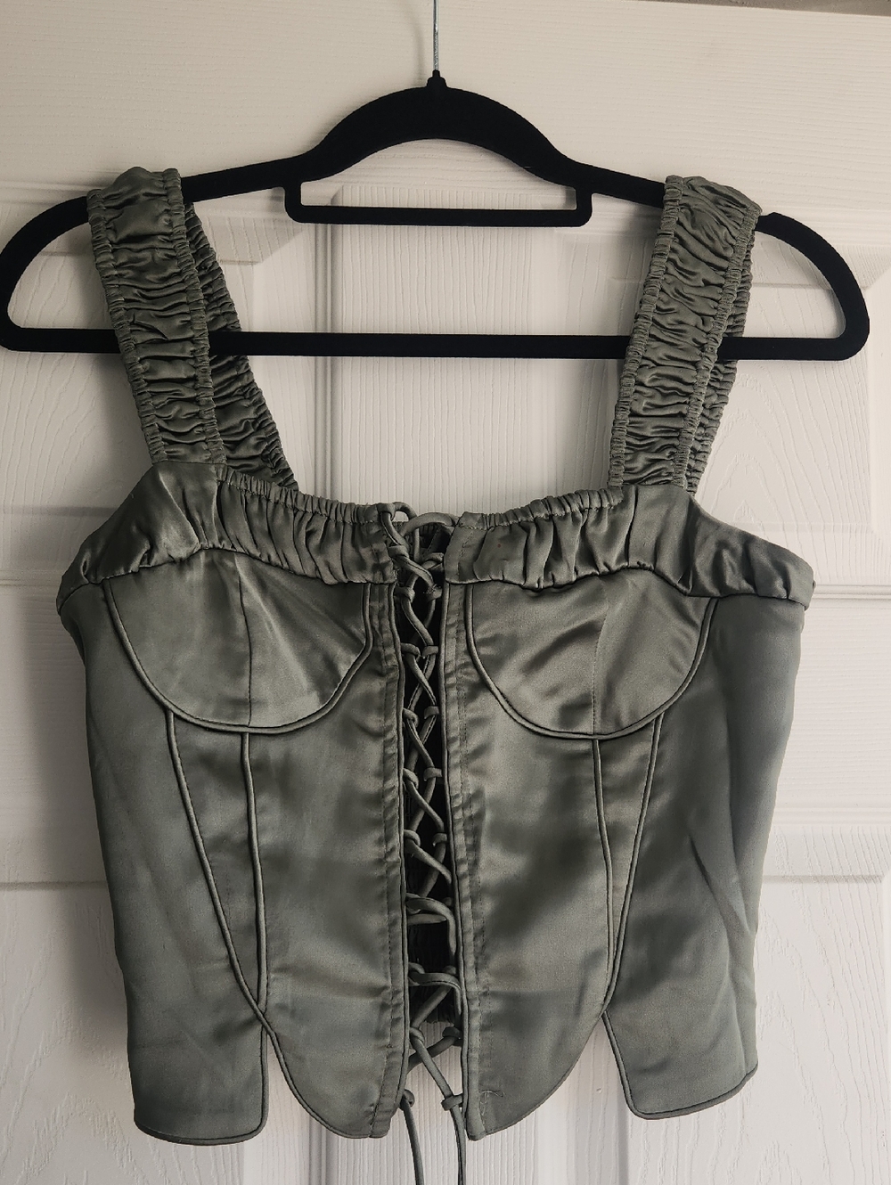 Satin Lace-Up Corset Tank Top - Sage Green